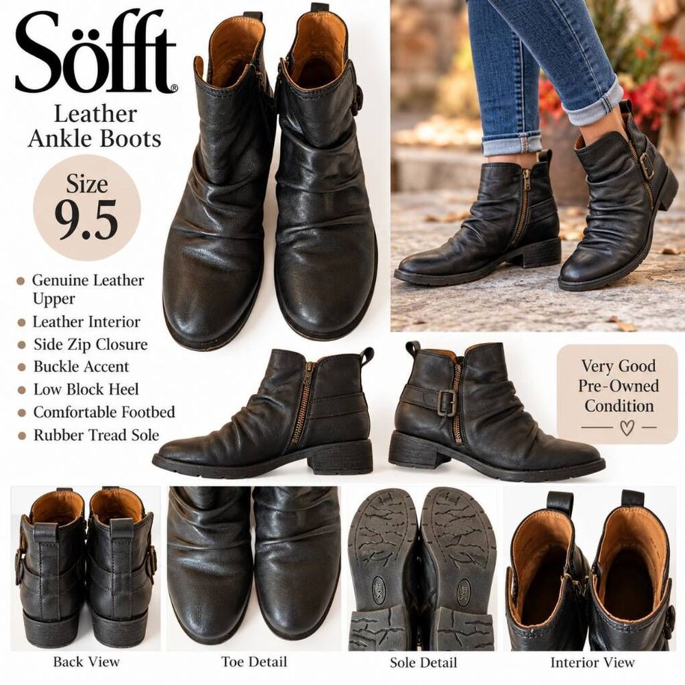 Sofft Womens Black Leather Ruched Ankle Boots Side Zip Buckle Comfort Booties 9.